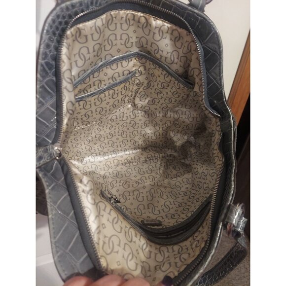 Y2K Vintage GUESS Grey With Bow Crocodile Handbag Tote Large Purse Silver Womens - Picture 12 of 16